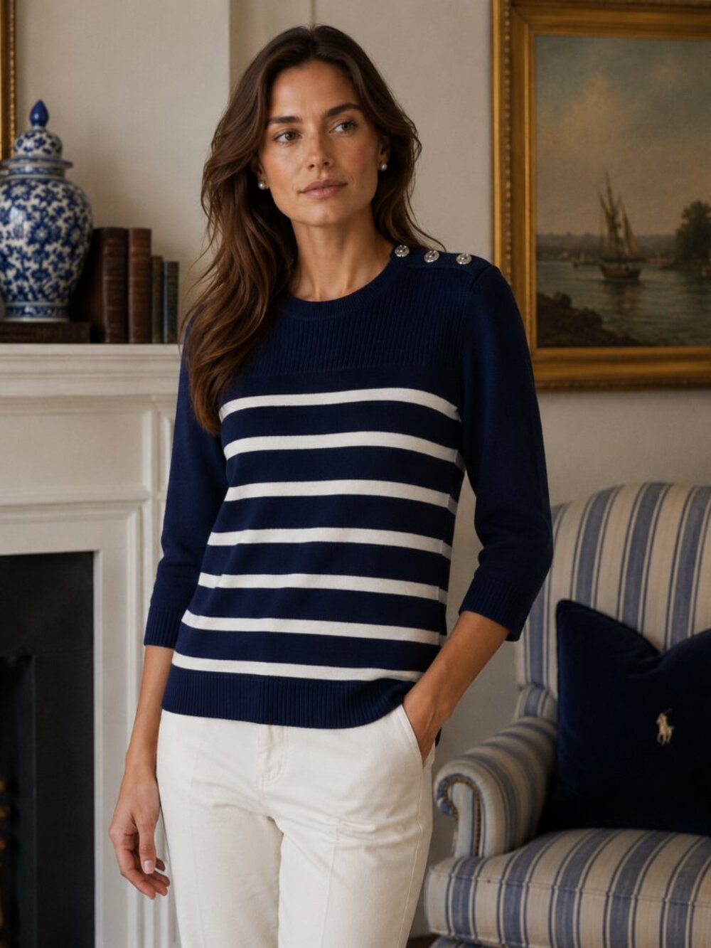 Lauren Ralph Lauren Navy Blue White Stripe Pullover 3/4 Sleeve Sweater XL
